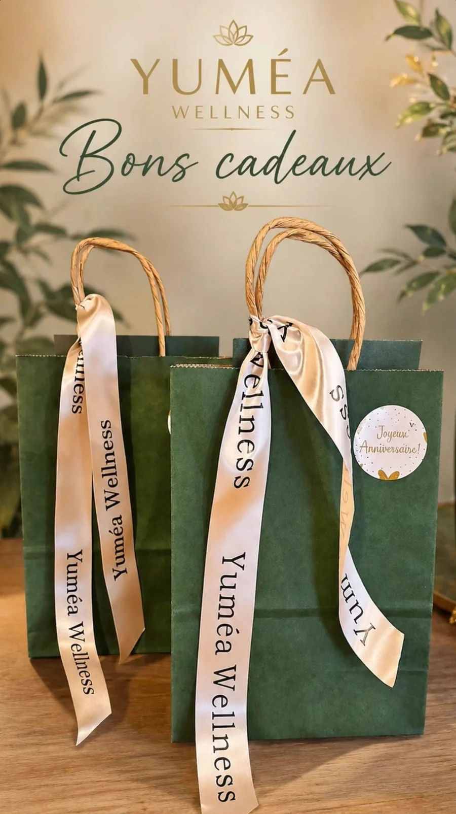 Sacs cadeaux YUMÉA Wellness aux rubans personnalisés, prêts à offrir