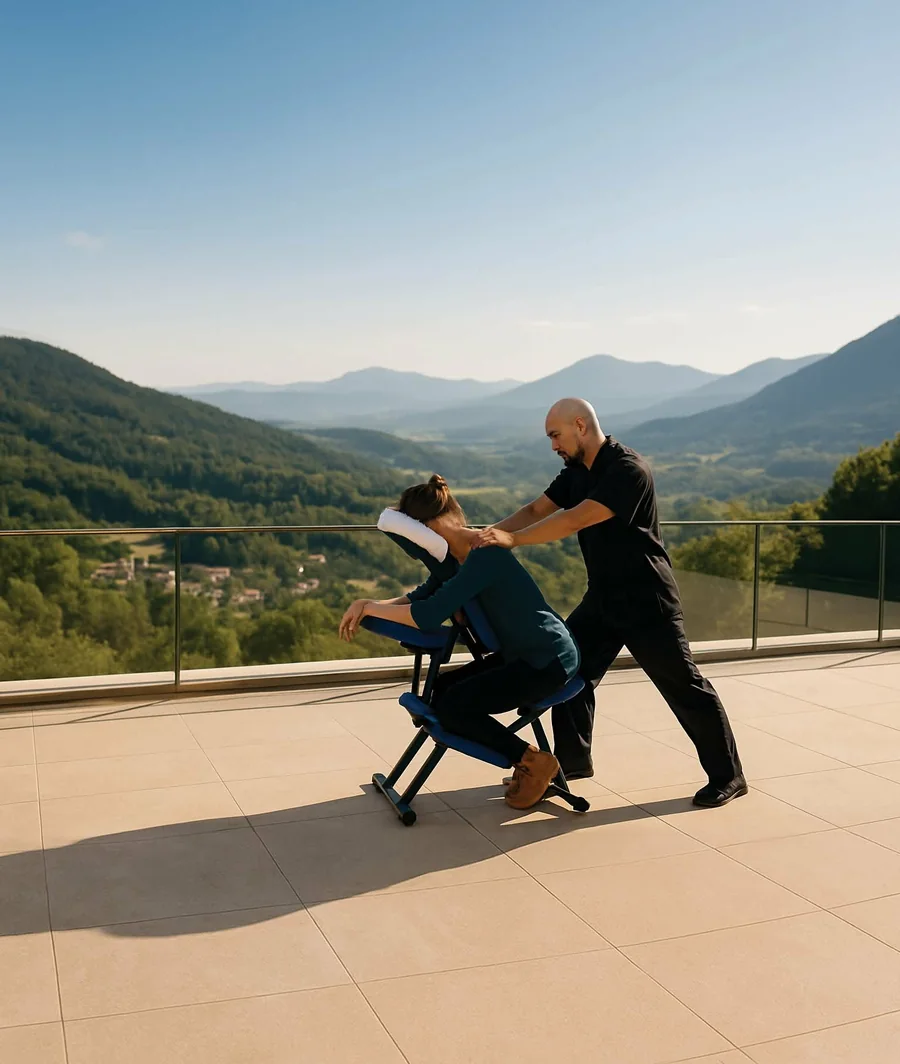 Frédéric Séré réalisant un massage assis en extérieur, à domicile