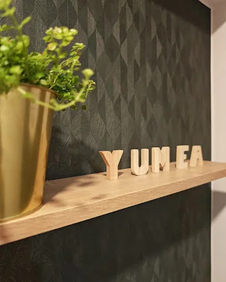 Lettres YUMÉA en bois posées sur une étagère de l'institut
