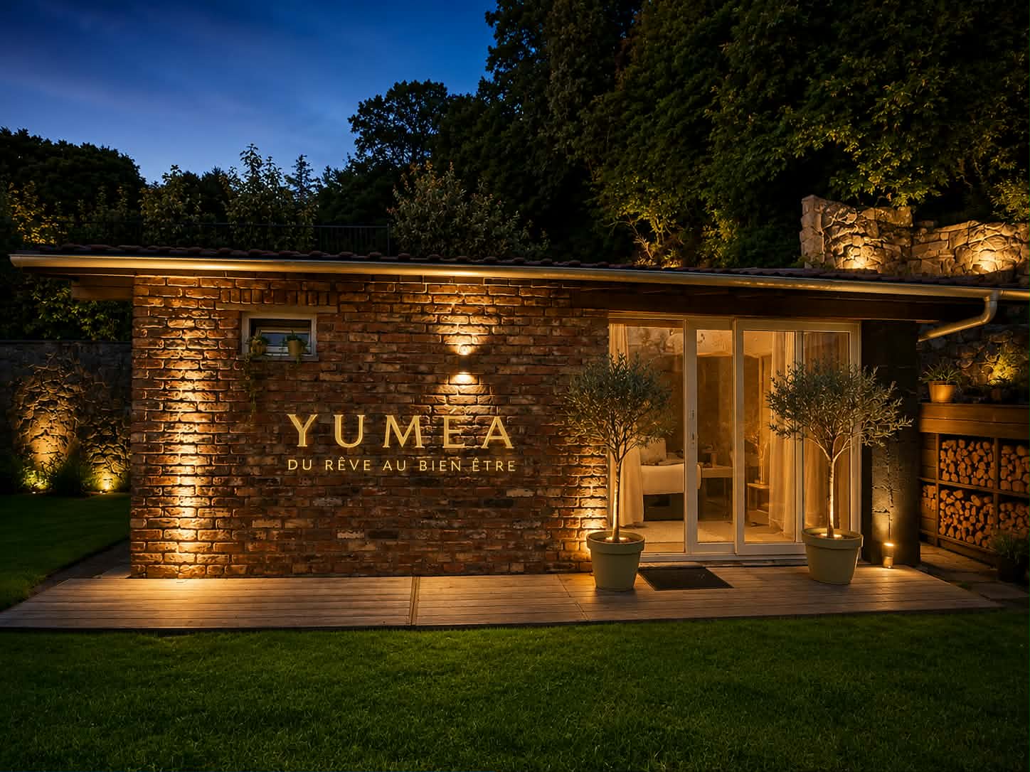 La façade illuminée de l'institut YUMÉA Wellness à la tombée de la nuit, à Flémalle